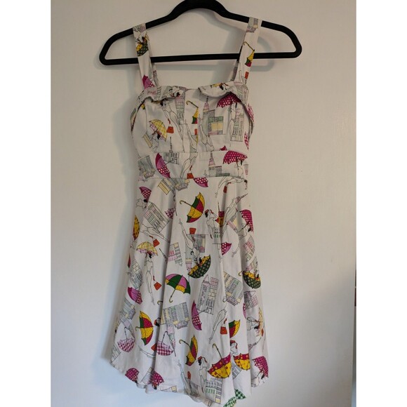 Ixia City Skyscraper Dress White Pink Pattern  Size XSmall Mini Aline Fit Flare - Picture 1 of 7